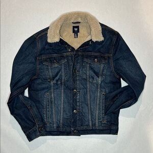 GAP Men's Dark Blue Denim Jacket with Cream Shearling Inner Lining